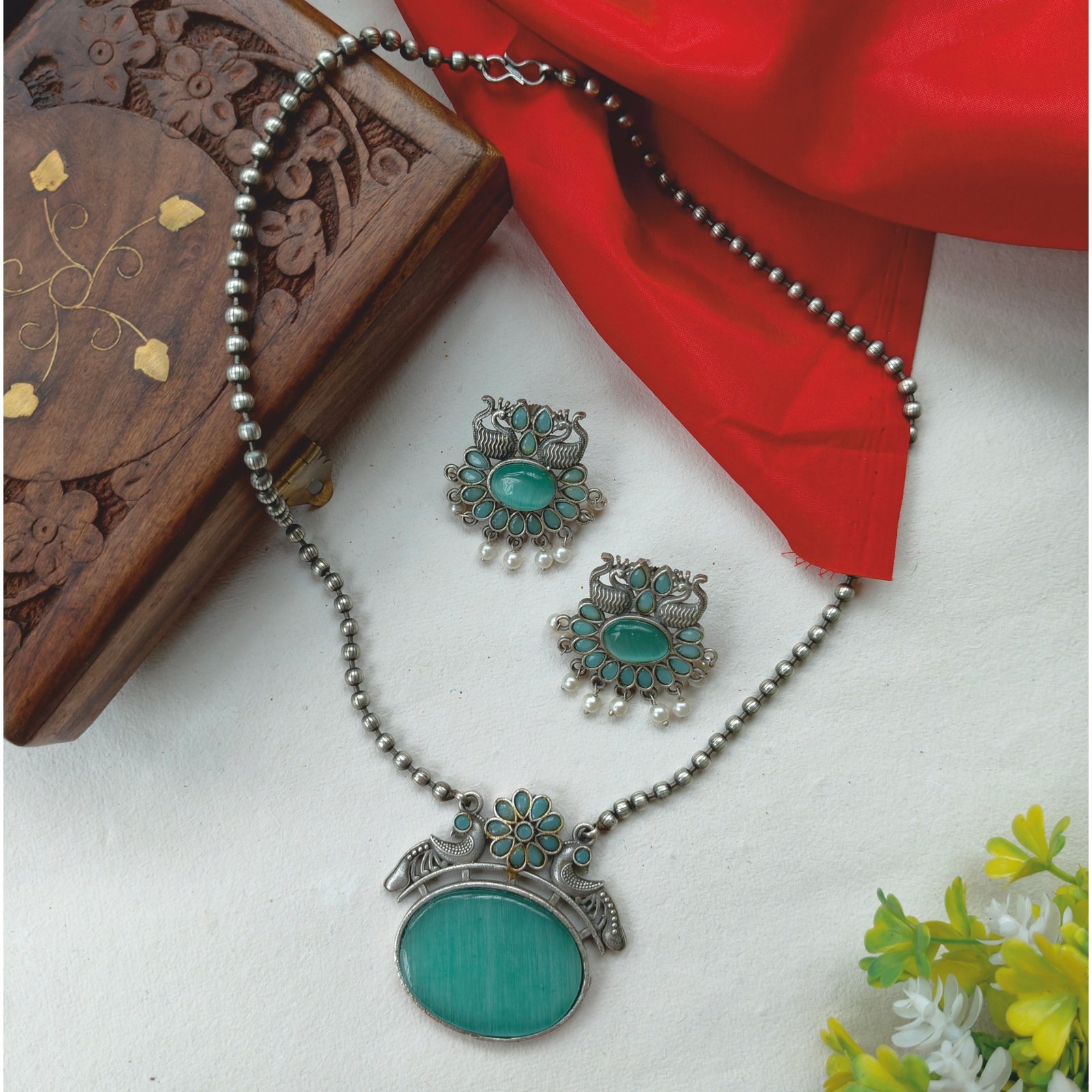 Aqua Stone Pendent Long Necklace