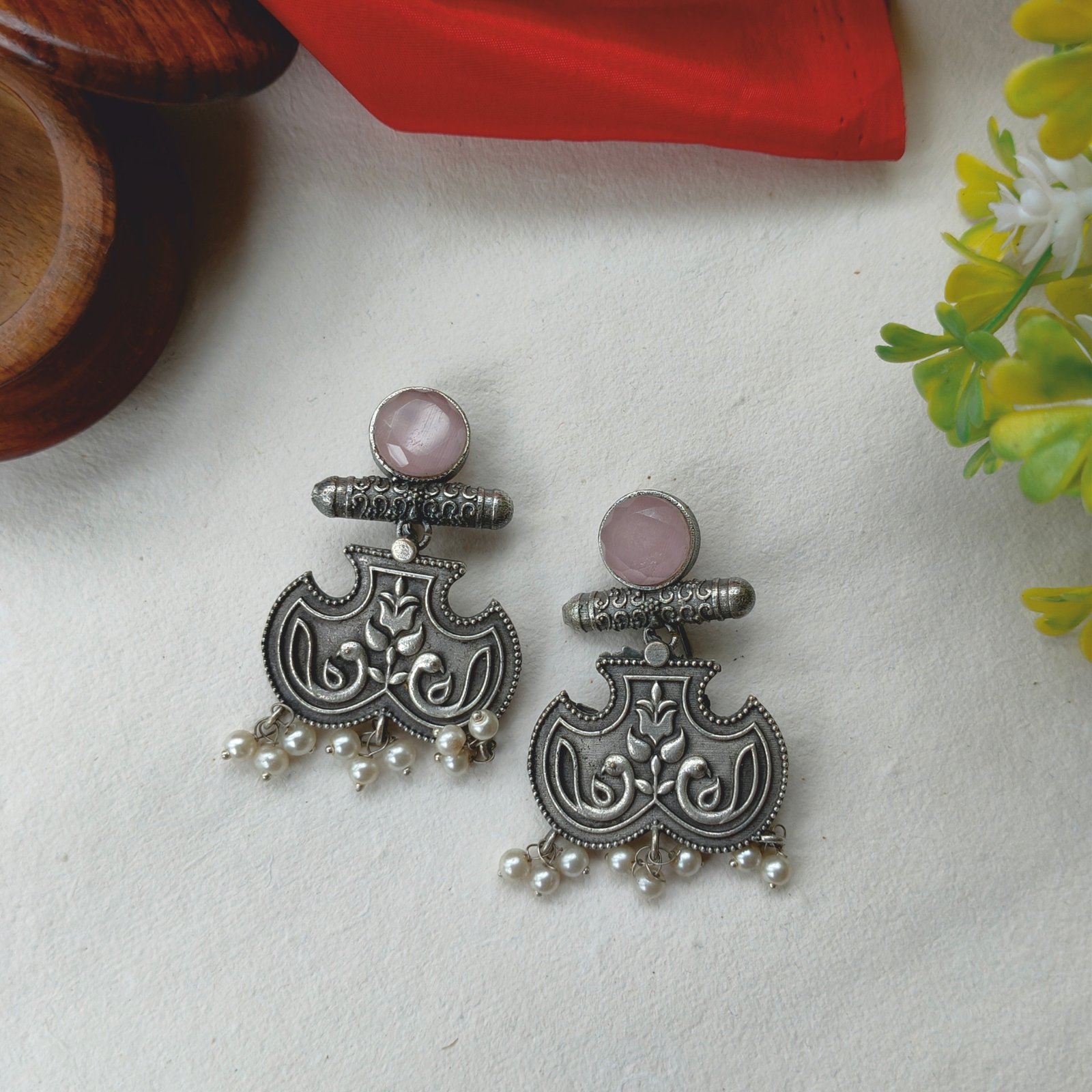 Pink Color Stone Silver Replica Earring