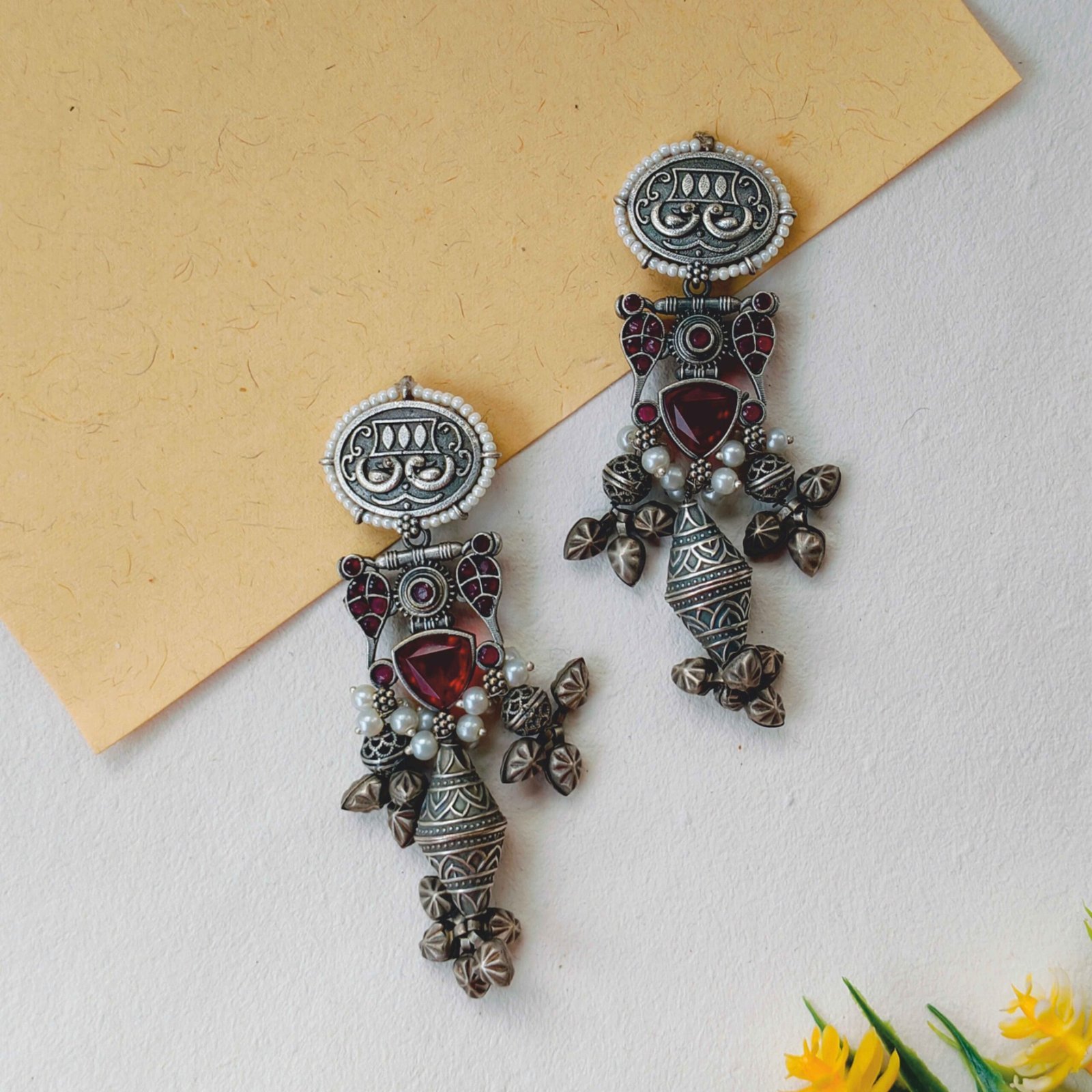 Maroon Color Stone Brass Long Earring
