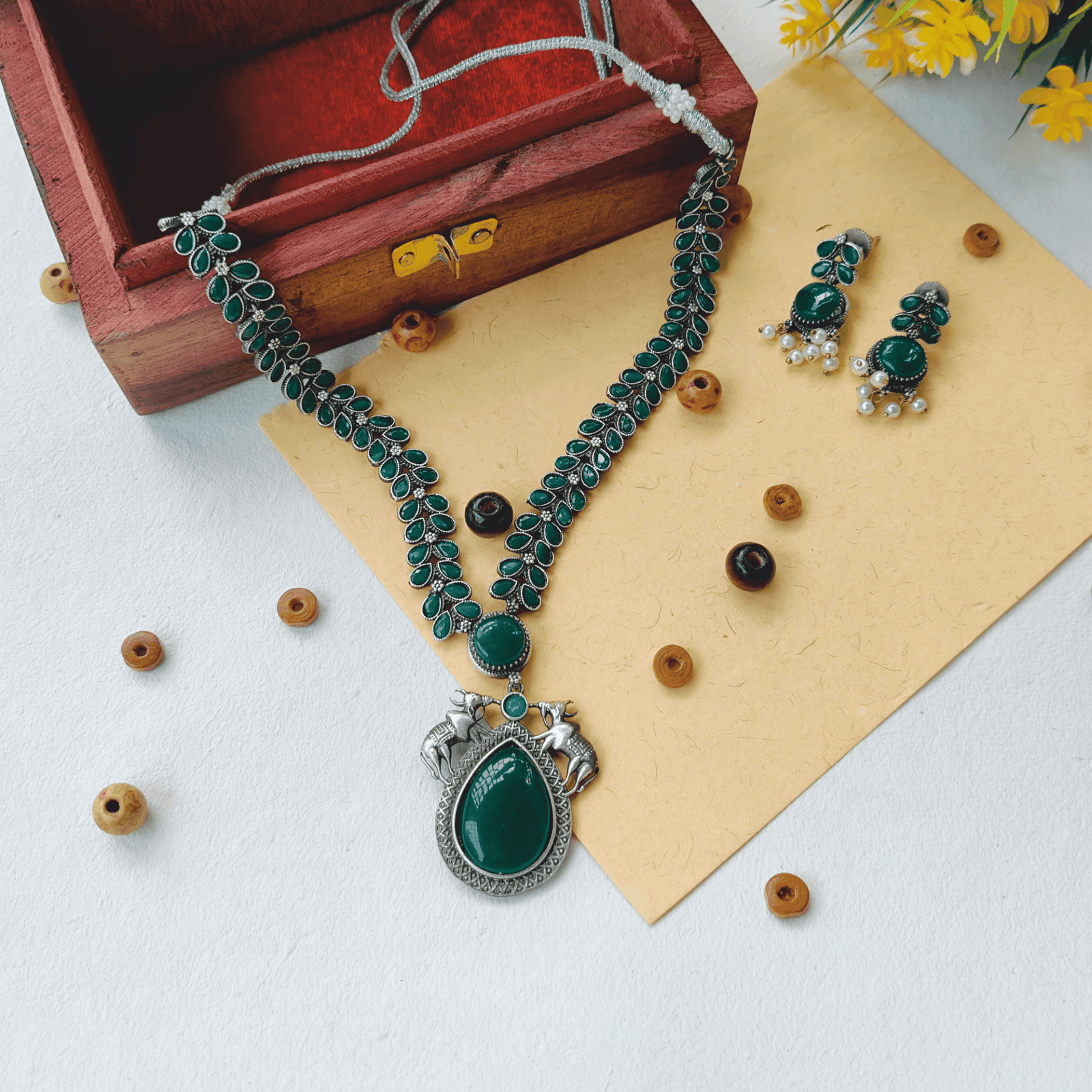 Green Stone Brass Necklace